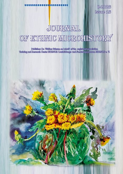 Text: "Journal of Ethnic Microhistory. II-2026 Issue 16." Aquarellillustration von gelben Blumen in einer Vase.