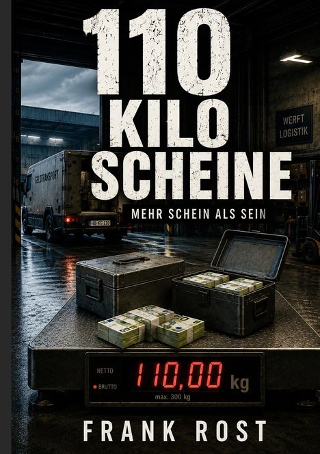 Text: "110 Kilo Scheine", "Mehr Schein als Sein", "Frank Rost". Stapel von Geldscheinen und ein Geldtransport-Fahrzeug.