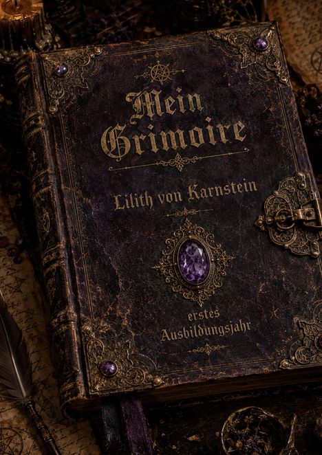 Altes Buch mit Text "Mein Grimoire, Lilith von Karnstein, erstes Ausbildungsjahr", verziert mit Edelsteinen und Metallbeschlägen.