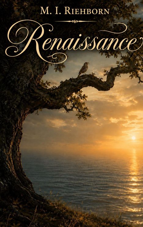 „M. I. Riehborn Renaissance“; Ein Baum mit einem Vogel auf einem Ast bei Sonnenuntergang am Meer.