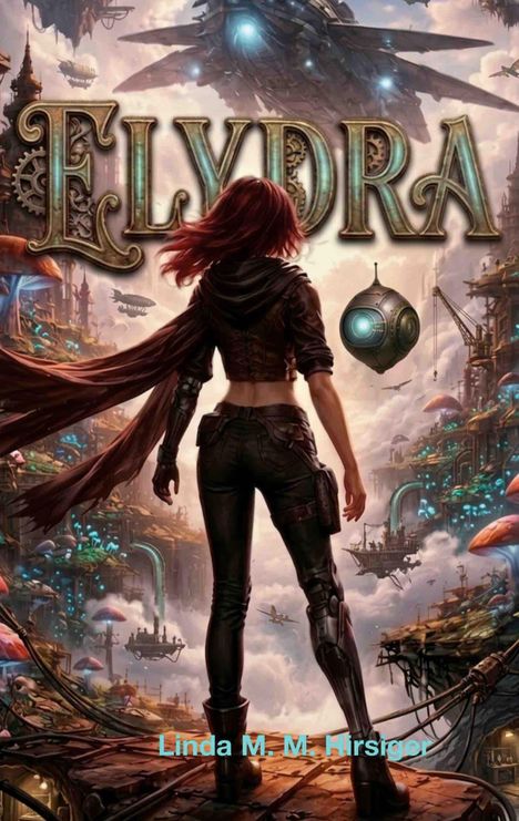 Text "ELYDRA" oben in viktorianischer Schrift. Unten "Linda M. M. Hirsiger". Illustration: Frau mit rotem Umhang, futuristische Stadt.