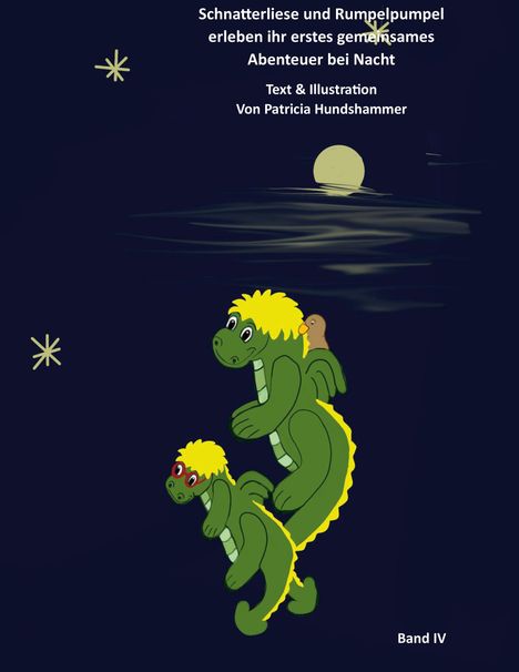 Zwei grüne Drachen mit gelber Mähne fliegen nachts am Mond vorbei, begleitet von Sternen. Band IV.