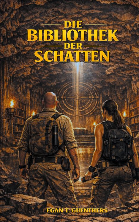 „Die Bibliothek der Schatten“ und „Egan T. Guenthers“. Zwei Personen mit Rucksäcken in einer höhlenartigen Bibliothek.