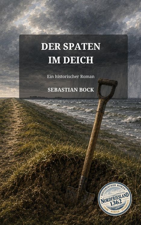 "Der Spaten im Deich", ein historischer Roman von Sebastian Bock. Ein Spaten steckt im grasbewachsenen Deich.