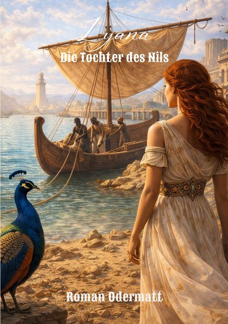 "Lyana: Die Tochter des Nils" steht oben, "Roman Odermatt" unten. Eine Frau betrachtet ein Segelschiff am Wasser.