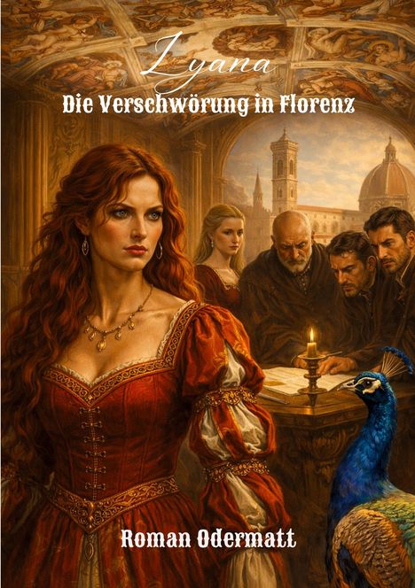 Titel: "Lyana - Die Verschwörung in Florenz" von Roman Odermatt. Historische Szene mit Frau in rotem Kleid, Kerze, Pfau.