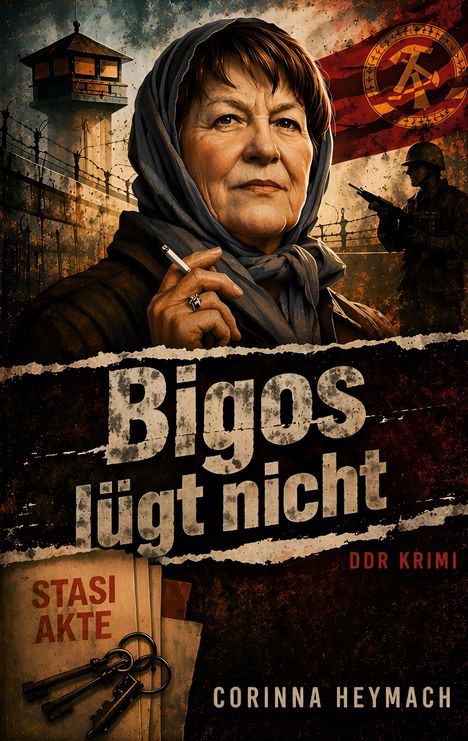 Text: "Bigos lügt nicht", "Stasi Akte", "DDR Krimi", "Corinna Heymach". Eine ältere Frau mit Kopftuch vor Stacheldrahtzaun.
