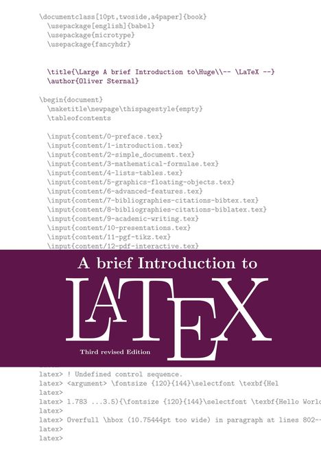 Text im oberen Teil beschreibt Befehle und Eingaben in LaTeX. Unten sieht man „A brief Introduction to LaTeX“.