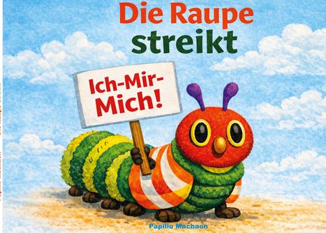 Text: "Die Raupe streikt. Ich-Mir-Mich! Papilio Machaon." Illustration: Bunte, freundliche Raupe mit Schild im Freien.