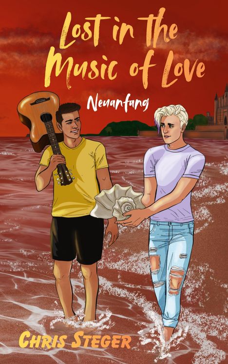 "Lost in the Music of Love: Neuanfang" mit zwei jungen Männern am Strand; ein Mann mit Gitarre, der andere mit Muschel.