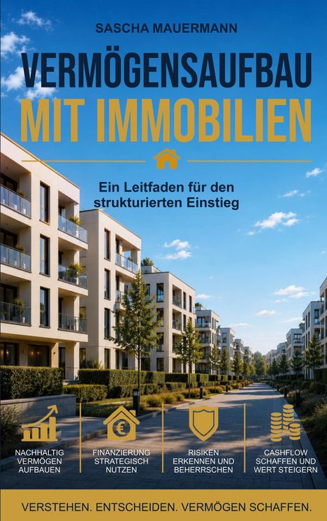 Titel: Vermögensaufbau mit Immobilien. Leitfaden, nachhaltiger Vermögensaufbau. Zeigt moderne Wohngebäude.