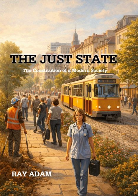 "The Just State: The Constitution of a Modern Society" von Ray Adam. Eine belebte Straßenansicht mit Personen und einer Straßenbahn.