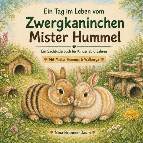 „Ein Tag im Leben vom Zwergkaninchen Mister Hummel“, zwei Kaninchen in einer idyllischen Wiese mit Häuschen und Brücke.