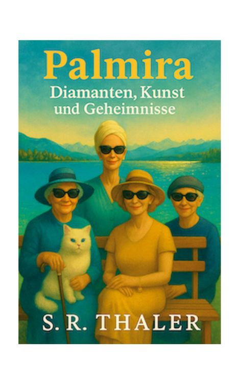 "Palmira: Diamanten, Kunst und Geheimnisse." Vier Frauen mit Sonnenbrillen und Hut auf einer Bank, eine hält eine Katze.