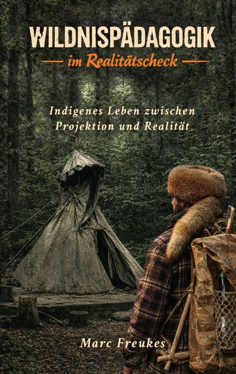"WILDNISPÄDAGOGIK im Realitätsscheck. Indigenes Leben zwischen Projektion und Realität. Marc Freukes." Mann vor Zelt im Wald.