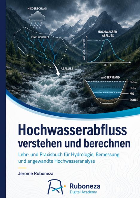 „Niederschlag, Einzugsgebiet, Abfluss“; stürmische Bergszenerie mit Fluss und Diagrammen; Buchcover über Hochwasseranalyse.