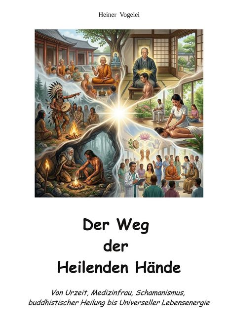 Text: „Der Weg der Heilenden Hände.“ Verschiedene Szenen von Heilmethoden und Praktiken aus unterschiedlichen Kulturen.