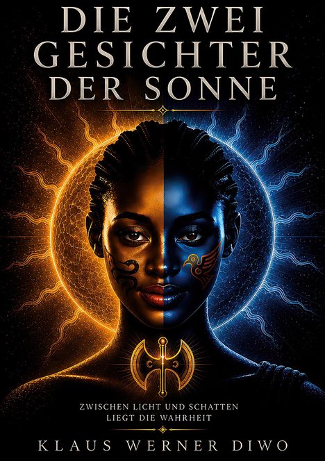 "Die zwei Gesichter der Sonne" von Klaus Werner Diwo. Frauengesicht geteilt in warme und kalte Farben, von Sonne umrahmt.
