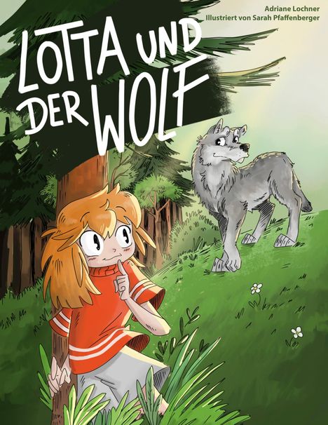 „Lotta und der Wolf“: ein Mädchen in rotem Pullover versteckt sich in einem Wald, beobachtet von einem Wolf.
