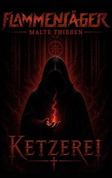 "Flammensäger, Malte Thießen, Ketzerei" in leuchtend roten Lettern. Eine verhüllte Gestalt hält eine glühende Kugel.