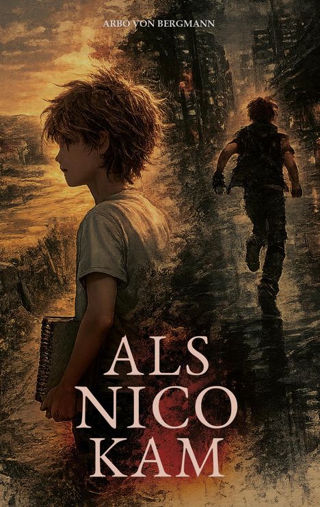 "ALS NICO KAM" und "ARBO VON BERGMANN". Junge mit Buch, im Sonnenuntergang, flüchtiger Junge im Hintergrund, urbaner Hintergrund.