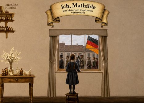 "Ich, Mathilde", historisch inspiriertes Vorlesebuch, Banner-Stil. Kind schaut aus Fenster, Fahne draußen, alte Kleidung.