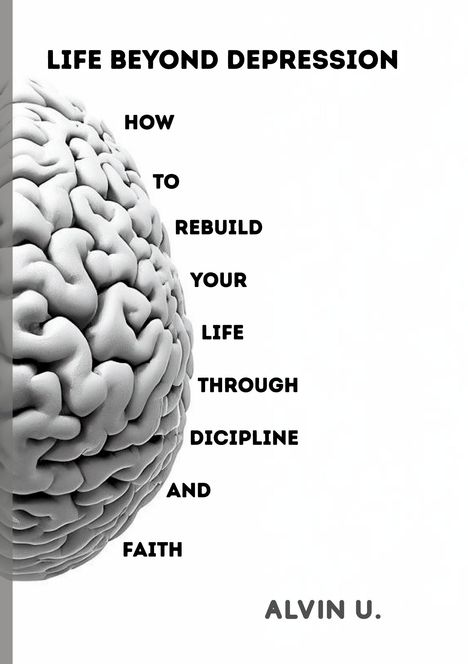 "LIFE BEYOND DEPRESSION: How to rebuild your life through discipline and faith." Links ein Gehirn in Grautönen.