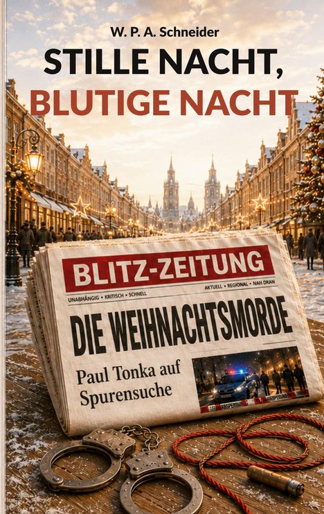 Buchtitel: "Stille Nacht, Blutige Nacht". Zeitungstitel: "Blitz-Zeitung". Schlagzeile: "Die Weihnachtsmorde". Winterliche Stadtansicht.