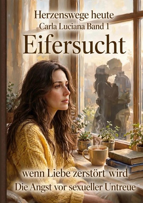 "Herzenswege heute", "Carla Luciana Band 1", "Eifersucht", "wenn Liebe zerstört wird", "Die Angst vor sexueller Untreue". Illustration einer nachdenklichen Frau am Fenster.
