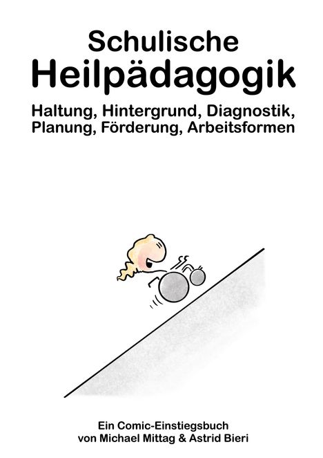„Schulische Heilpädagogik“; Untertitel und Autoren. Illustration: Figur mit Rollstuhl auf einer Schräge.