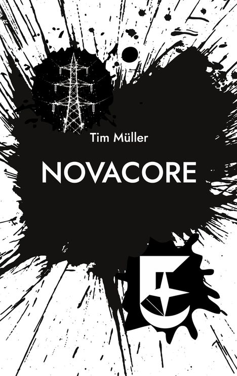„Tim Müller NOVACORE“ in Weiß auf schwarzem Tintenklecks, künstlerischer Strommast als Hintergrund.