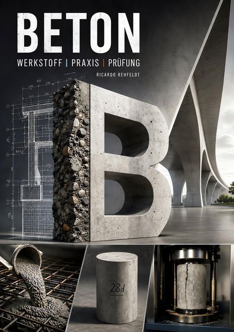 Text: "BETON: Werkstoff | Praxis | Prüfung, Ricardo Rehfeldt." Beton-Struktur in Großaufnahme, Architektur im Hintergrund.