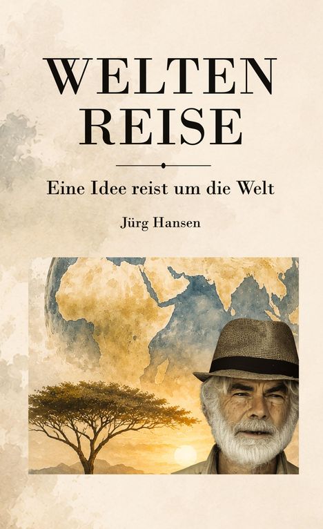 "WELTEN REISE. Eine Idee reist um die Welt. Jürg Hansen." 
Darunter ein älterer Mann mit Hut vor Weltkarte und Sonnenuntergang.