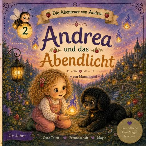 "Die Abenteuer von Andrea: Andrea und das Abendlicht, von Mama Lumi. 0+ Jahre. Ein Kind hält ein leuchtendes Wesen."