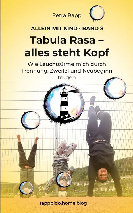 "Tabula Rasa – alles steht Kopf" zeigt drei Personen im Handstand vor einem Zaun, mit einem Leuchtturm-Logo.