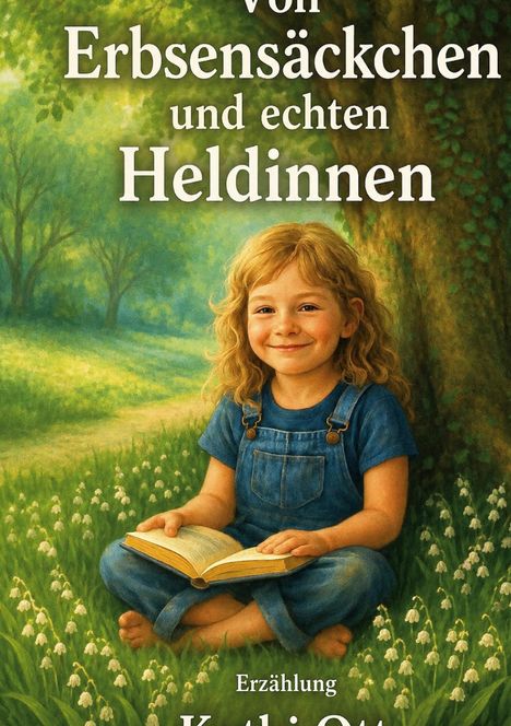 Der Text lautet: "Von Erbsensäckchen und echten Heldinnen". Ein lächelndes Kind in Latzhose sitzt lesend auf einer Blumenwiese.