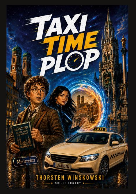 „TAXI TIME PLOP“, ein Retro-Science-Fiction-Cover: Zwei Personen, ein Taxi und Münchener Gebäude bei Nacht.