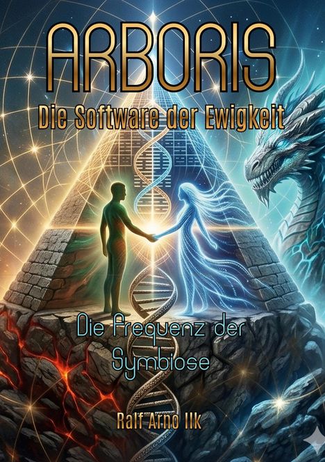 „ARBORIS: Die Software der Ewigkeit. Die Frequenz der Symbiose. Ralf Arno Ilk.“ Eine Pyramide mit Mensch und Drachen.