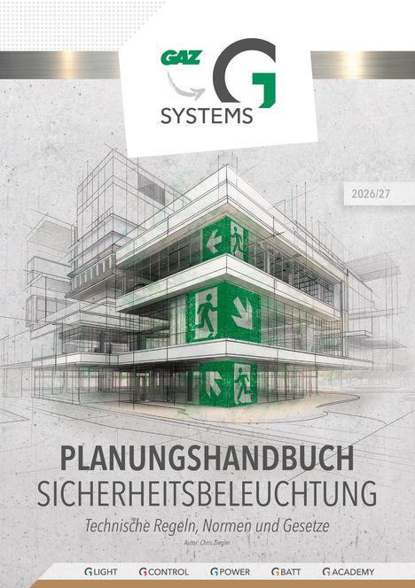 Logo "GAZ SYSTEMS", Jahr "2026/27". Titel: "Planungshandbuch Sicherheitsbeleuchtung". Illustrierter Gebäudekomplex.