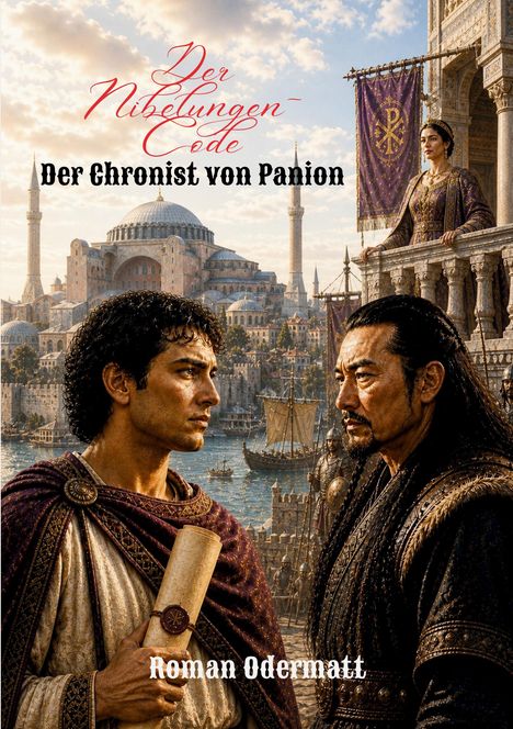 „Der Nibelungen-Code: Der Chronist von Panion” steht oben, darunter zwei Männer in historischen Gewändern vor einer Stadt.