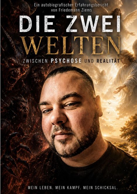 „Die zwei Welten: Zwischen Psychose und Realität.“ Ein Gesicht mittig, umgeben von Dämonen links und Engeln rechts.