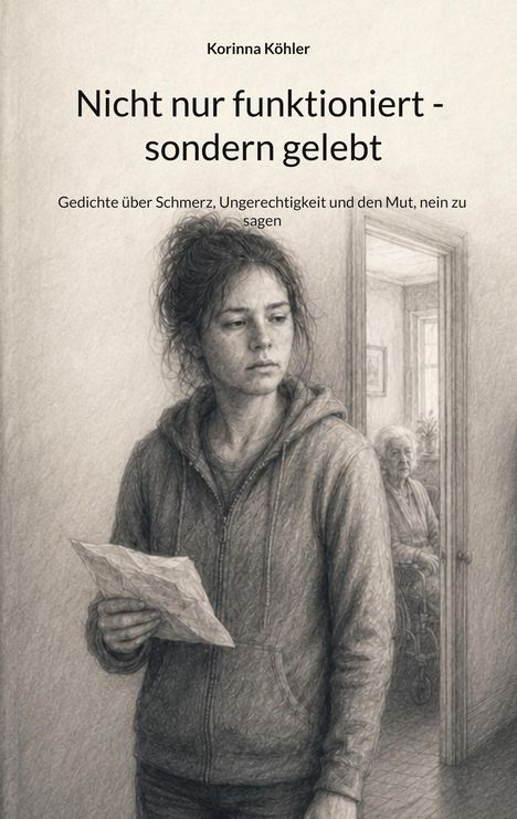 "Nicht nur funktioniert - sondern gelebt" steht oben. Eine Frau in bequemer Kleidung hält ein Papier, im Hintergrund sieht man eine ältere Person im Rollstuhl.