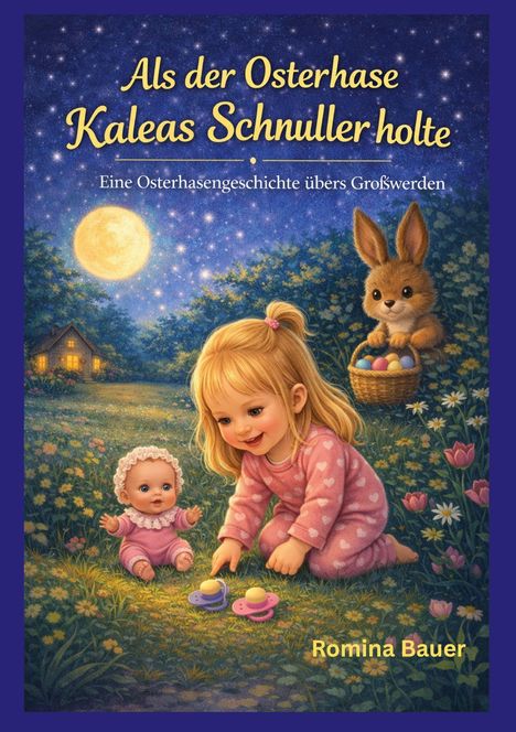 "Als der Osterhase Kaleas Schnuller holte, Eine Osterhasengeschichte übers Großwerden, Romina Bauer." 
Ein Kind mit Puppe, Hase mit Eiern.