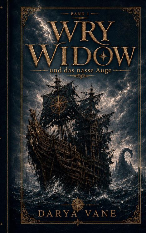 Text: "BAND 1, WRY WIDOW und das nasse Auge, DARYA VANE." Illustration zeigt ein stürmisches Meer mit einem Segelschiff.
