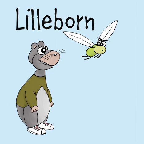 "Lilleborn" steht oben. Ein Cartoon-Tier trägt ein grünes Shirt, daneben schwebt eine fliegende grüne Kreatur.