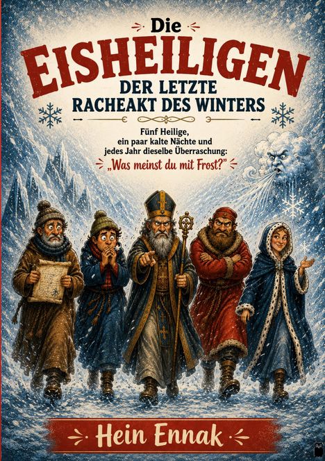 „Die Eisheiligen: Der letzte Racheakt des Winters“. Fünf Figuren in Wintergewand, Schneesturm im Hintergrund. Autor: Hein Ennak.