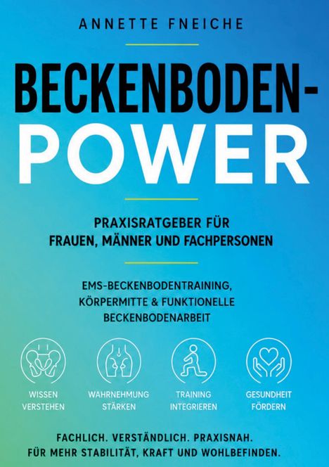 Titel: "Beckenbodenpower". Untertitel: "Praxisratgeber für Frauen, Männer und Fachpersonen". Text mit Icon: Wissen verstehen.