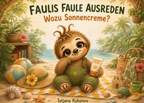"Faulis faule Ausreden. Wozu Sonnencreme?" Ein süßes Faultier hält Sonnencreme, umgeben von Strand-Accessoires.
