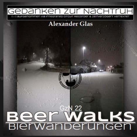 Oben steht "Gedanken zur Nachtruh". Unten "Beer Walks: Bierwanderungen". Zwei Schneelandschaften bei Nacht.