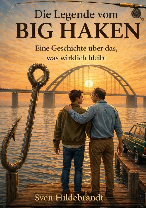 Texte: "Die Legende vom BIG HAKEN", "Eine Geschichte über das, was wirklich bleibt", Sven Hildebrandt. Zwei Personen am Steg.
